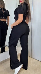 Women's Stand Collar Top + Side Button Trousers Casual Set