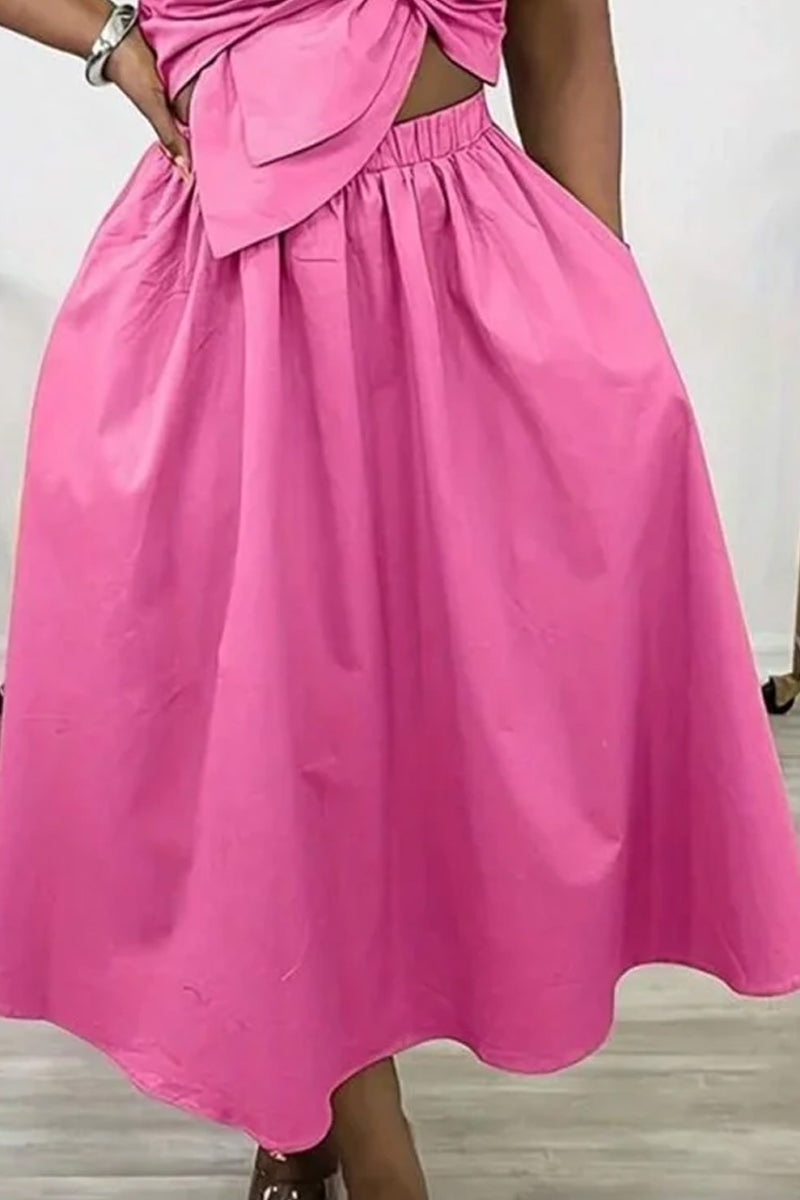 Women's Barbie Style Pink One-Shoulder Crop Top or A-Line Midi Skirt