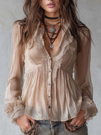 Vintage Peplum Hem Lace-trimmed Chiffon Shirt