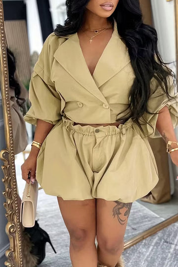 Women's Lapel Long Sleeve Cropped Commuter Top Or Loose Fit Tulip Hem Shorts