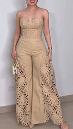Beige Lace Cutout Strapless Corset & Wide-Leg Pants Set