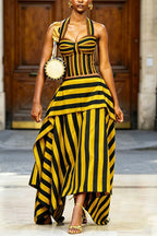 Women's Fashion Stripe Vest & Tiered Asymmetric Hem Skirt