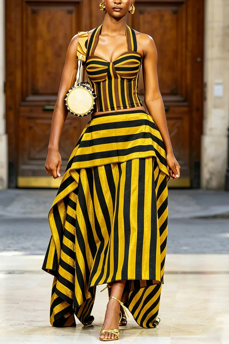 Women's Fashion Stripe Vest & Tiered Asymmetric Hem Skirt