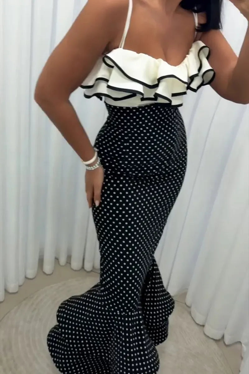 Women's Fashion Resort Flounce Cami Polka Dot Skirt Set