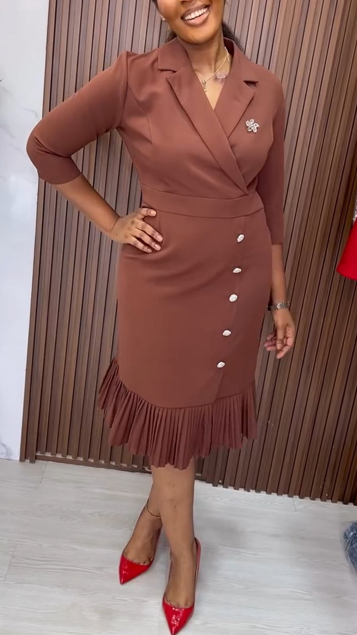 Women Collar Waist Cinching Patchwork Pleats Elegant Temperament Dress