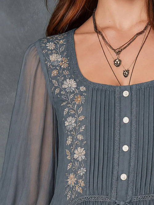 Boho Slate Blue Embroidered Sheer Sleeves Blouse With Tassel Tie