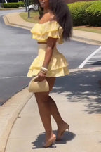 Women's Resort Off Shoulder Top Double Layer Flounce Skirt Set