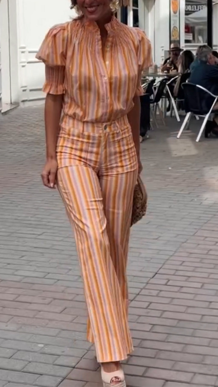 Women Round Neck Vertical Stripe Top + Pants Casual Set with Temperament