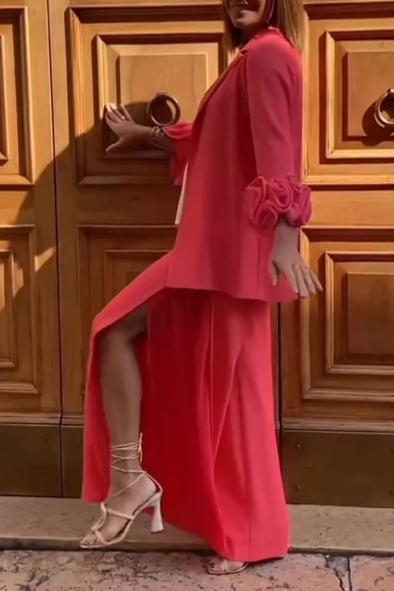 Women's Fashion 3D Floral Cuff Blazer & Slit Pants