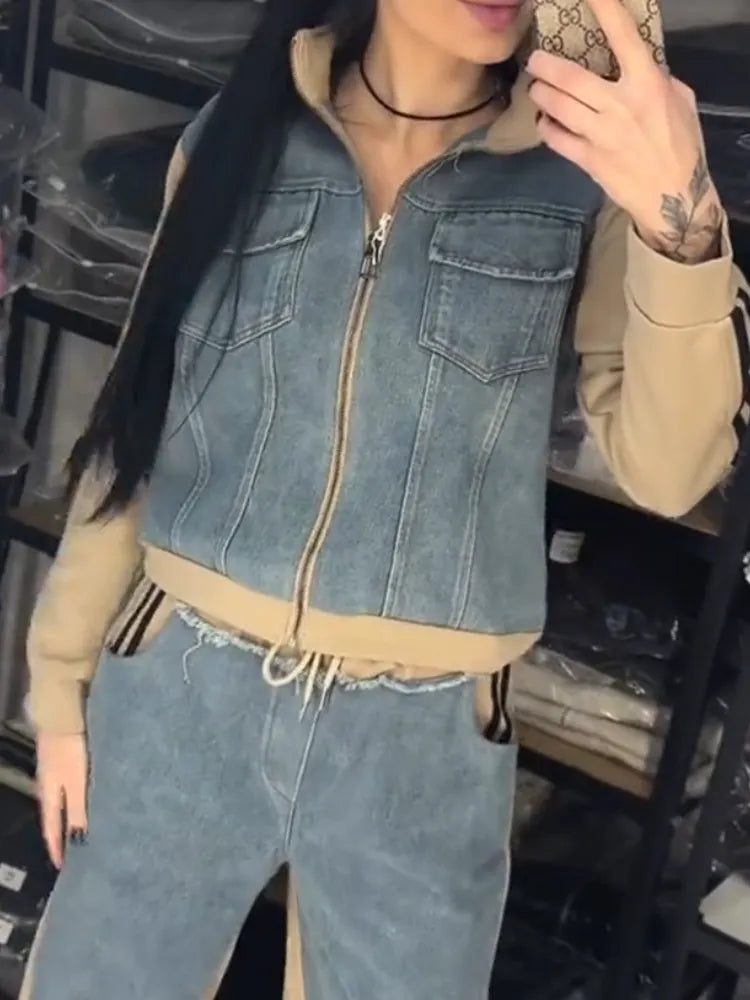 Women Collared Patchwork Denim Casual Jacket + Jeans Casual Suit