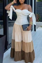 Women's Lace Up Paneled Off Shoulder Wide Leg Workwear Jumpsuit