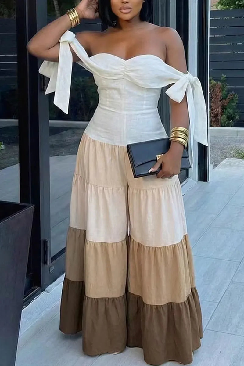 Women's Lace Up Paneled Off Shoulder Wide Leg Workwear Jumpsuit