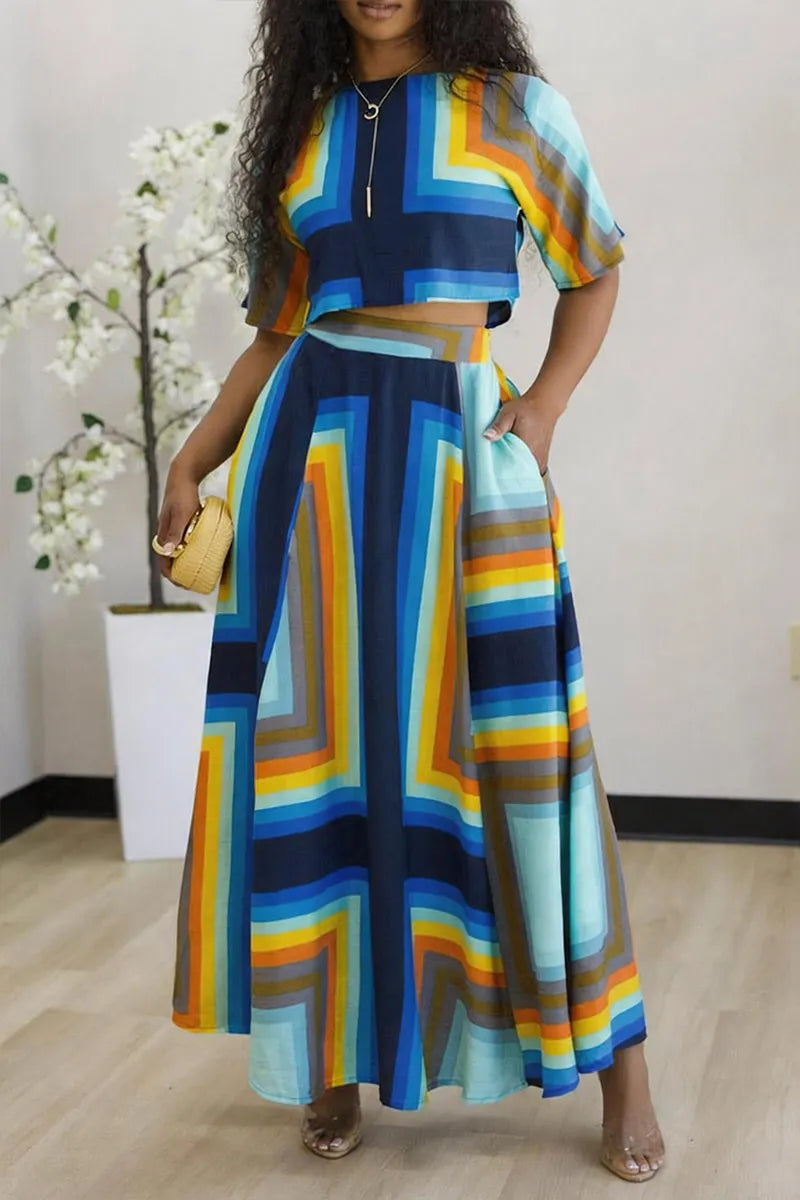 Women's Casual Pattern Print Cropped Top Skirt Set