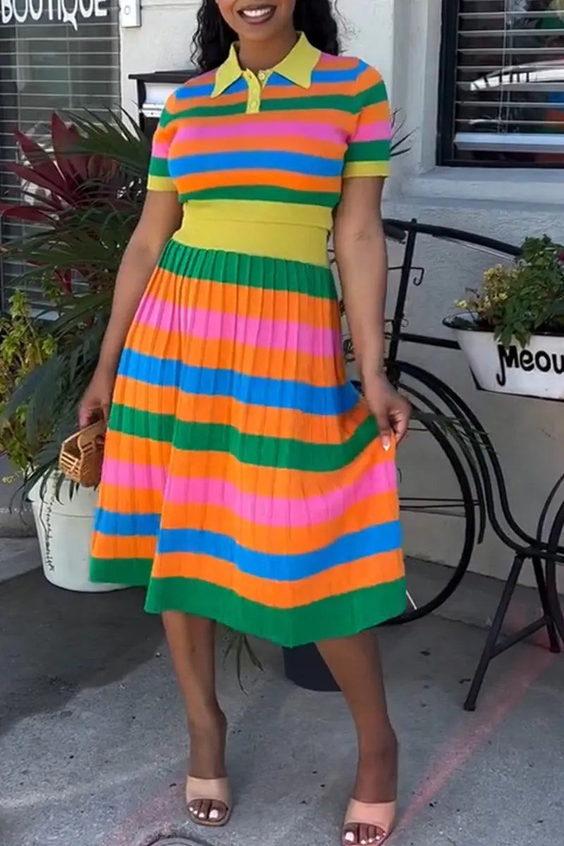 Women's Casual Multicolor Stripe Knit Top & Skirt