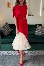 Women's Elegant Asymmetric Hem Dress Mesh Skirt Set