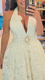 Women Neck Hanging Deep V-neck with Lace Pattern Splicing Elegant Temperament Dress