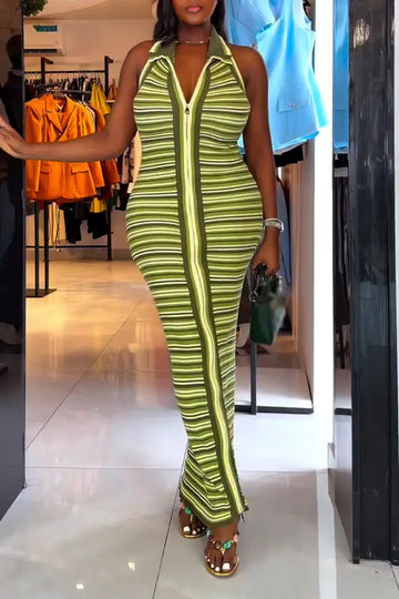 Women Collar Zipper Striped Elegant Temperament Maxi Dresses