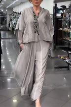 Women V-neck Top+ Wide Leg Pants Loose Casual Suit