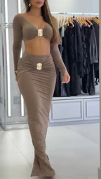 Women Metal Buckle Decorative Top+ High Waisted Pleated Skirt Party Play Casual Set