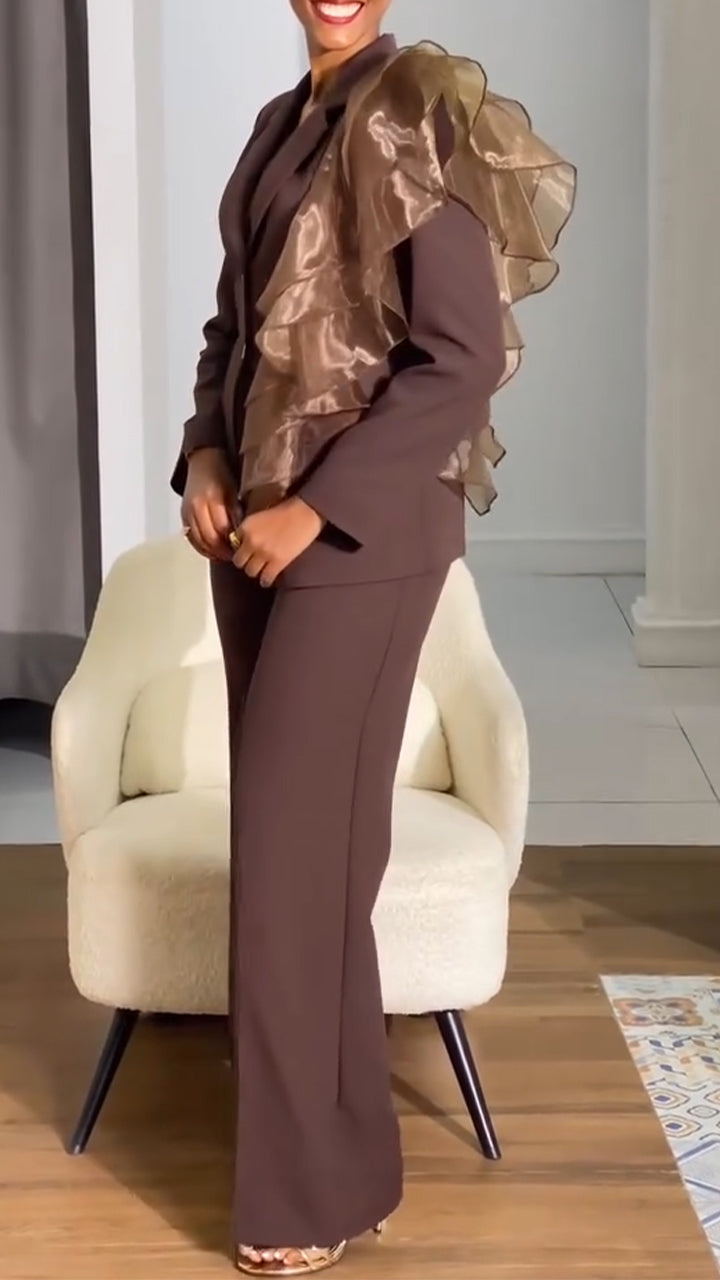 Women Collar Splicing Jacket+pants Temperament Commuting Set