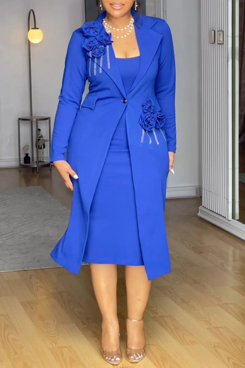 Women's Elegant Cami Dress + 3D-Floral Lapel Long Blazer Set