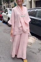 Womens V-neck Top+ Wide Leg Pants Loose Casual Suit