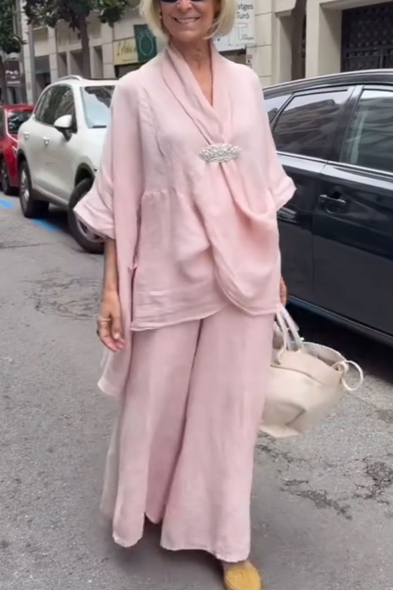 Womens V-neck Top+ Wide Leg Pants Loose Casual Suit