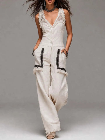 Boho Lace V Neck Fringe Linen Wide Leg Jumpsuit