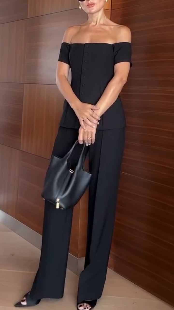 Womens One-shoulder Button-down Top + Pants Solid Color Casual Suit