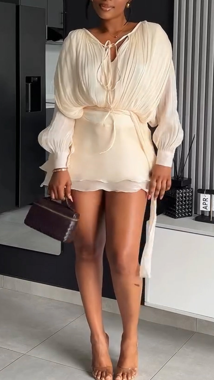 Women V-neck Lantern Sleeve Top+ Patchwork Skirt Elegant Temperament Set