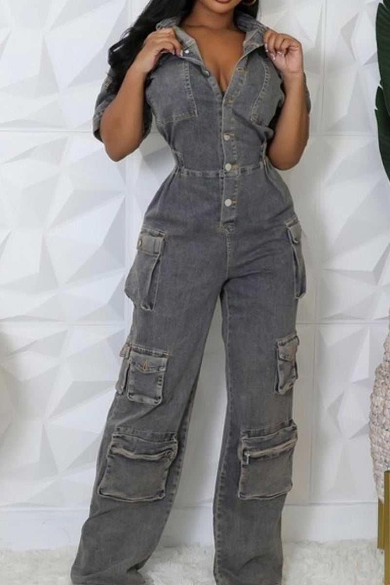 Women's Utility Denim Jumpsuit with Multiple Cargo Pockets & Wide Leg Denim