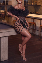 Women's Elegant Mesh Off-Shoulder Rhinestone Bodycon Dress