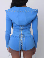 Womens Hooded Cross Drawstring Top+ Pants Casual Suit