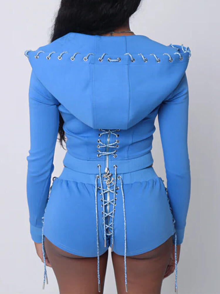 Womens Hooded Cross Drawstring Top+ Pants Casual Suit