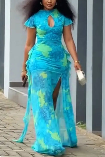 Women Round Neck Printed Split Holiday Casual Maxi Dresses