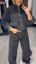 Women Round Neck Rhinestone Jacket+ Pants Casual Denim Suit