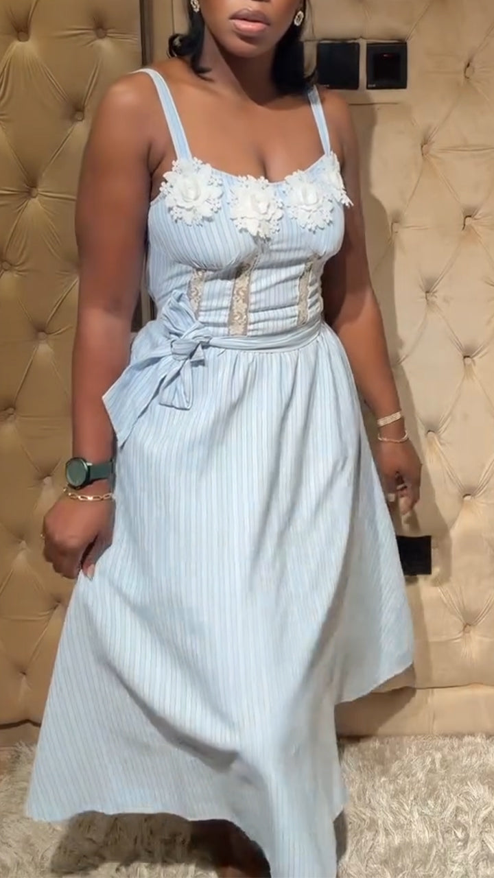 Women Spaghetti Strap Patchwork Flower Waist Cinching Elegant Casual Dress