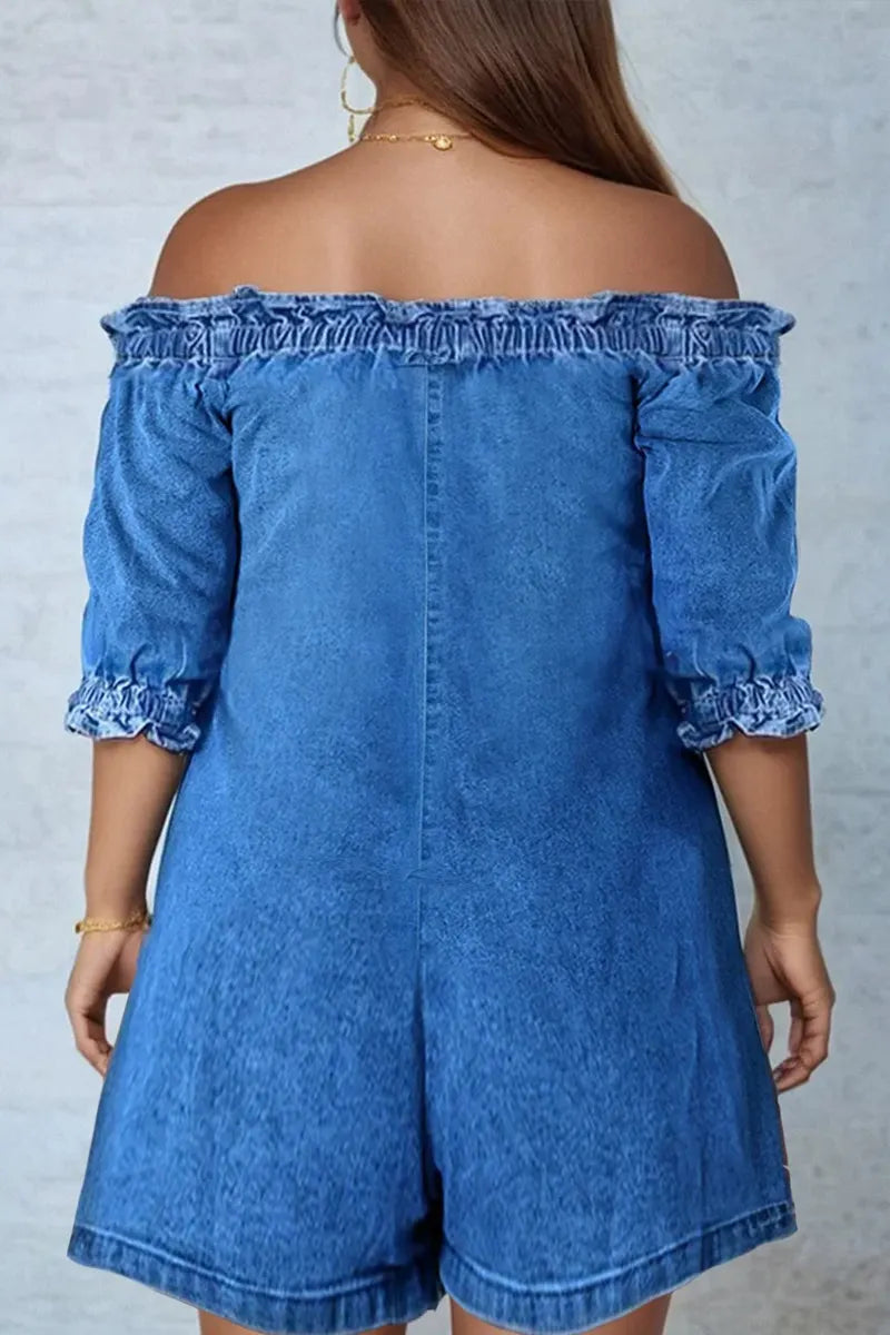 Women's Off Shoulder Ruffle Three Quarter Puff Sleeve Denim Romper