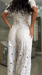 Women Lapel Print Hollow Irregular Top + Pants Casual Suit