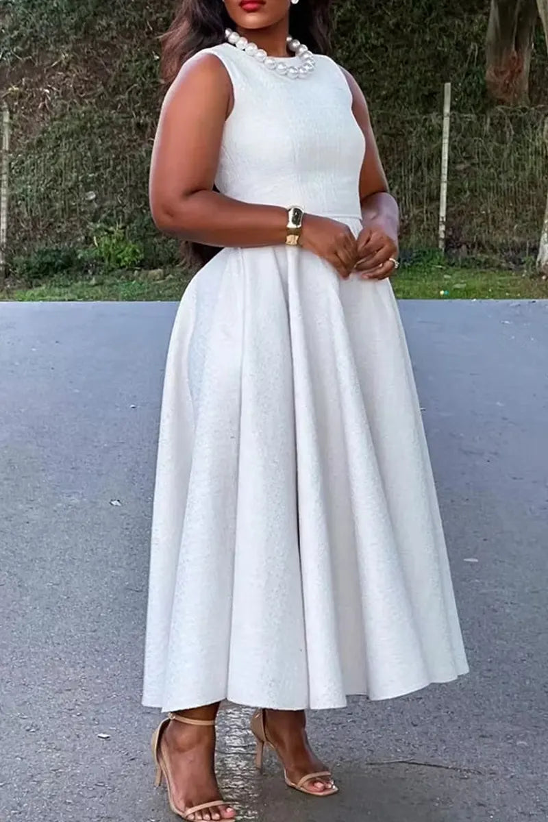 Women's Elegant Round Neck White Tweed A-Line Dress for Formal & Casual