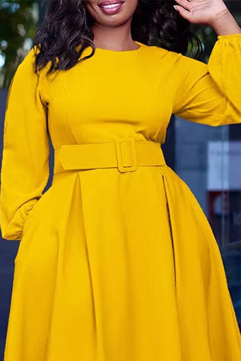 Women's Elegant Round Neck Flare Dress with Waist Belt and Puff Sleeves