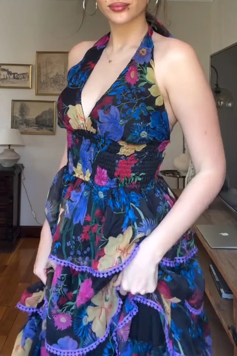 Women's Elegant Resort Layered Hem Floral Dress