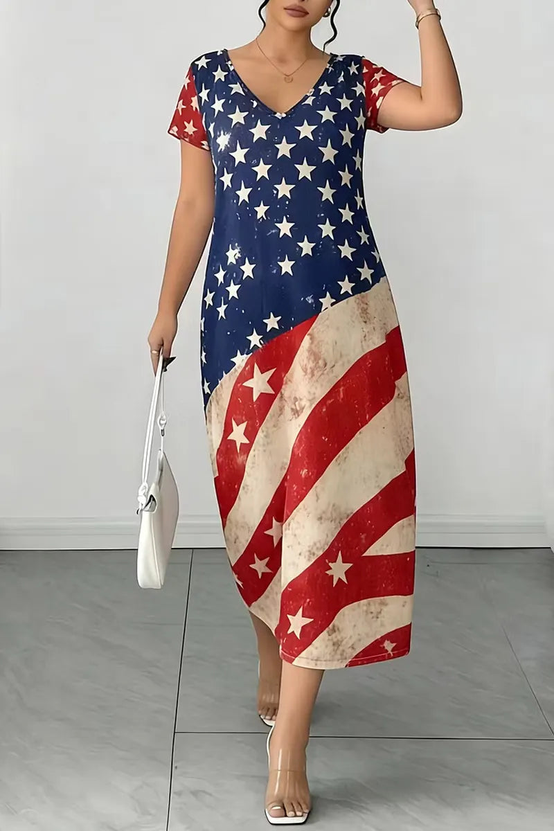 Women's Casual Vintage Distressed American Flag Print V Neck Short Sleeve Midi Dress