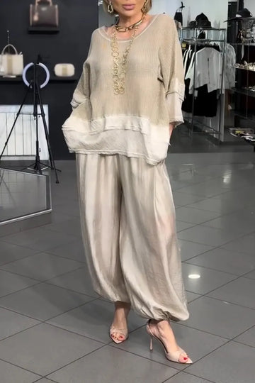 Women Round Neck Patchwork Top+ Lantern Pants Loose Casual Suit