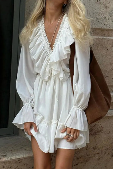 Women's V Neck Lettuce Edge Belted Short Workwear Dress