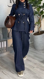Women Standing Collar Jacket+ Pants Style Casual Denim Suit