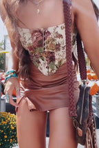 Women's Printed Sleeveless Irregular Hem Vacation Top Or Slit Leather Mini Skirt