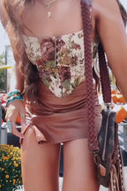 Women's Printed Sleeveless Irregular Hem Vacation Top Or Slit Leather Mini Skirt