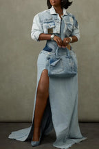 Womens Split Spliced Denim Dress + Short Jacket Casual Set