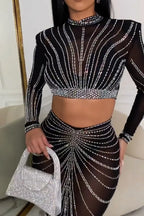 Women's Fashion Party Rhinestone Top Skirt Set